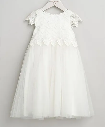 Angel & Rocket Short Sleeves Floral Embroidered A Line Dress - White