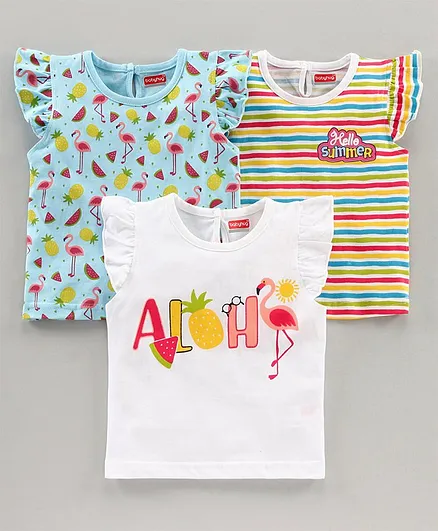 Babyhug Short Sleeves T-Shirts Summer Print Pack of 3 - White Blue