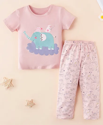 Kookie Kids Half Sleeves Night Suit Elephant Print - Pink