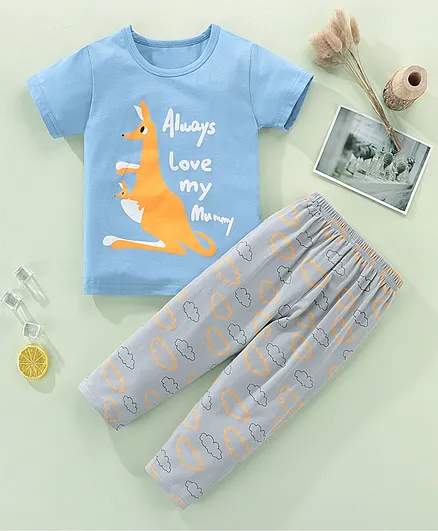 Kookie Kids Half Sleeves Night Suit Kangaroo Print - Blue Grey