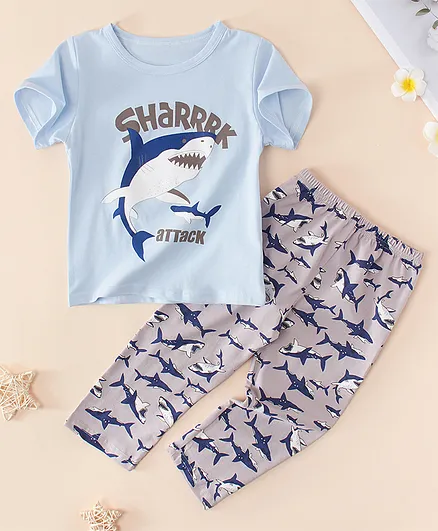 Kookie Kids Half Sleeves Night Suit Shark Print - Blue