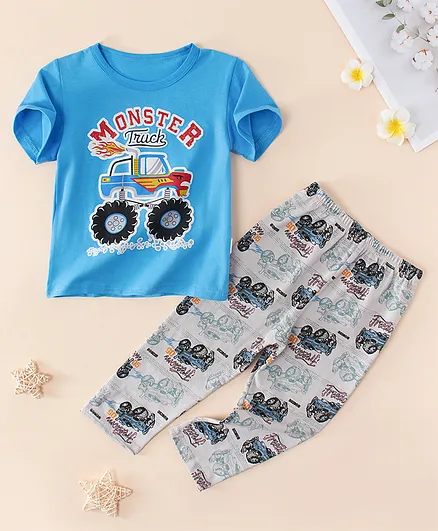 Kookie Kids Half Sleeves Night Suit Car Print - Blue
