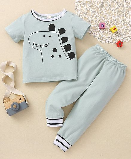 Kookie Kids Half Sleeves Night Suit Dino Print - Blue
