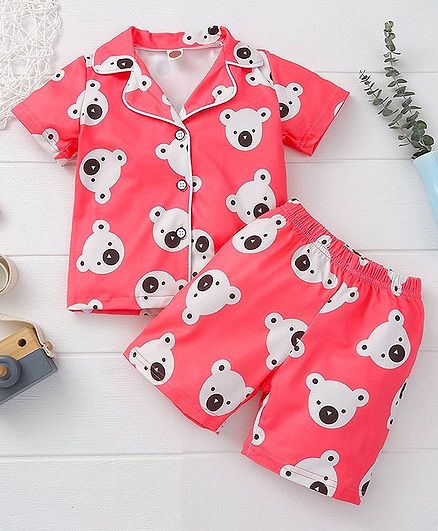 Kookie Kids Half Sleeves Night Suit Bear Print - Red