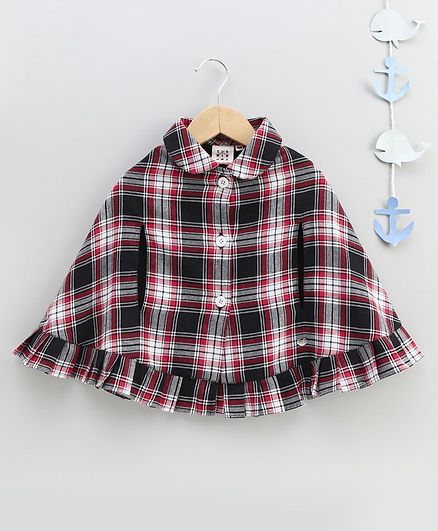Ed-a-Mamma Ruffle Detailing Full Sleeves Checkered Poncho Style Top - Red