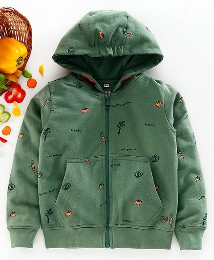 Ed-A-Mamma Full Sleeves Carrot Printed Hooded Jacket - Green