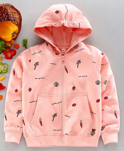 Ed-A-Mamma Full Sleeves Carrot Printed Hooded Jacket - Peach