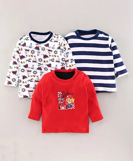 Kidi Wav Pack Of 3 Full Sleeves Striped T-Shirt - Red