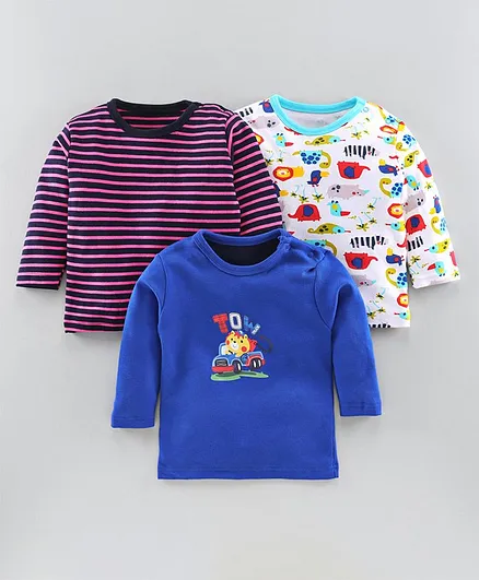 Kidi Wav Pack Of 3 Full Sleeves Zoo Print T-Shirt - Royal Blue