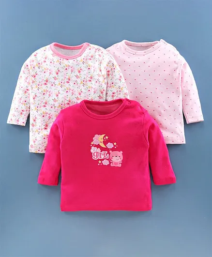 Kidi Wav Pack Of 3 Full Sleeves Flower Print T-Shirt - Pink