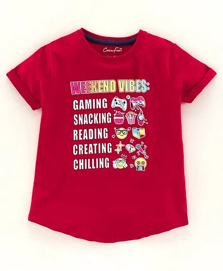 Cucu Fun Half Sleeves T-Shirt Weekend Vibes Print - Red