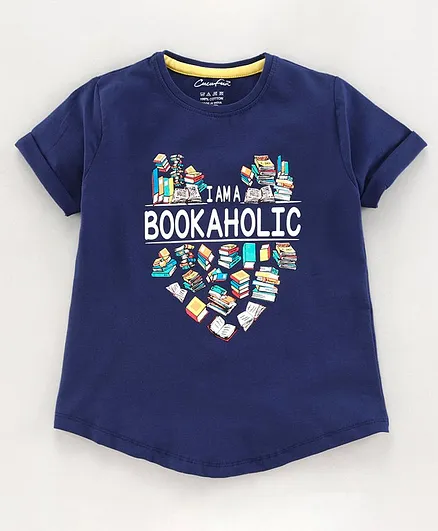 Cucu Fun Half Sleeves T-Shirt Bookaholic Print - Blue