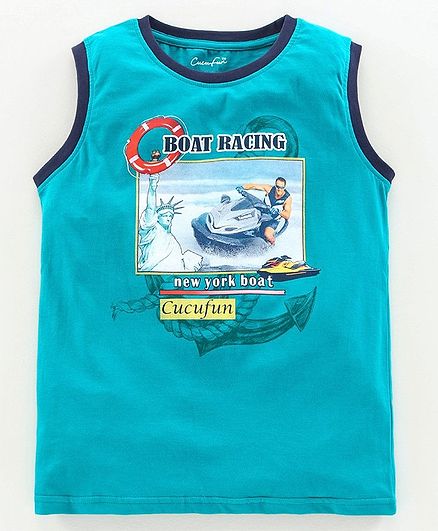 Cucu Fun Sleeveless T-Shirt Boat Print - Blue