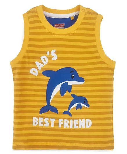 Babyhug Sleeveless Biowash Stripe Tee Dolphin Print - Yellow