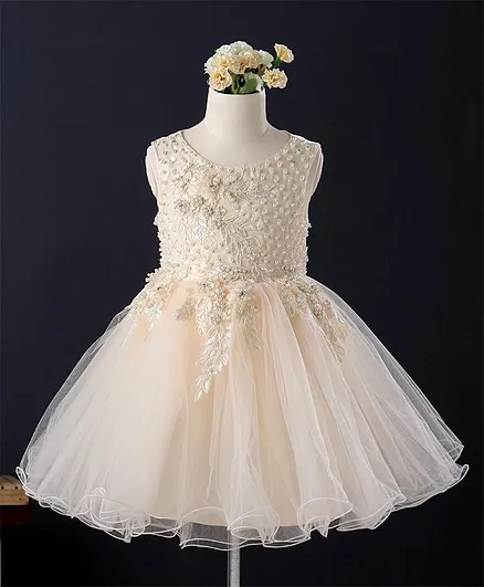 Mark & Mia Sleeveless Sequin & Floral Embellished Frock - Light Cream