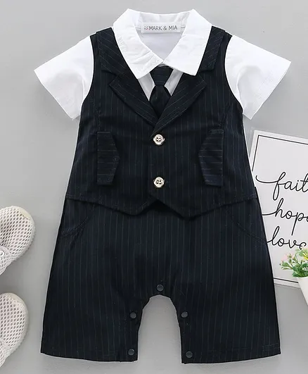 Mark & Mia Half Sleeves Party Wear Striped Romper - Black