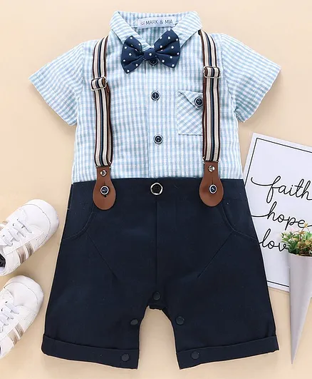 Mark & Mia Half Sleeves Checks Party Wear Romper - Blue