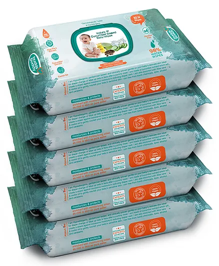 Buddsbuddy Combo of 5 Cucumber Based Skincare Baby Wet Wipes With Lid Contains Aloe vera Extract, Castor Oil - 80 Pieces