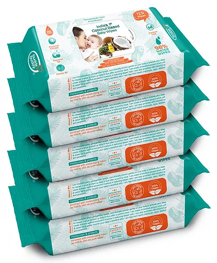 Buddsbuddy Combo of 5 Coconut Based Skincare Baby Wet Wipes Contains Coconut Oil, Castor Oil- 72 Pieces