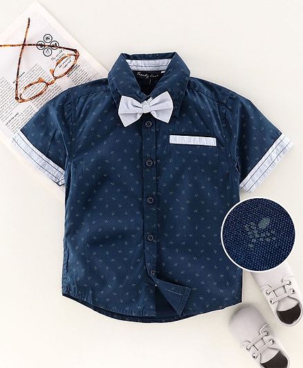 Trendy Cart Half Sleeves Printed Shirt With Bow - Navy Blue