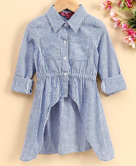 Trendy Cart Full Sleeves High Low Style Collared Striped Top - Light Blue