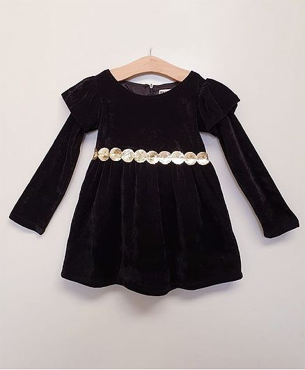 My Pink Closet Full Sleeves Circle Sequined Design Velvet Dress - Black