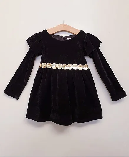 My Pink Closet Full Sleeves Circle Sequined Design Velvet Dress - Black