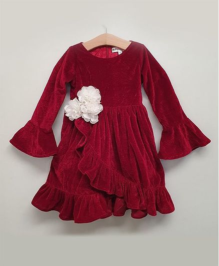 My Pink Closet Full Sleeves Ruffle Style Flower Detailed Velvet Dress - Red