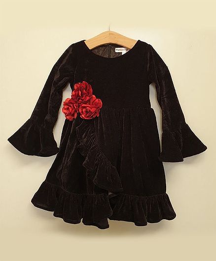My Pink Closet Full Sleeves Ruffle Style Flower Detailed Velvet Dress - Black
