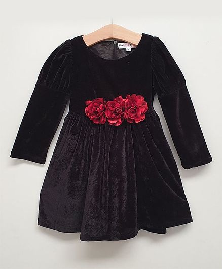 My Pink Closet Full Sleeves Velvet Flower Detailed Dress - Black