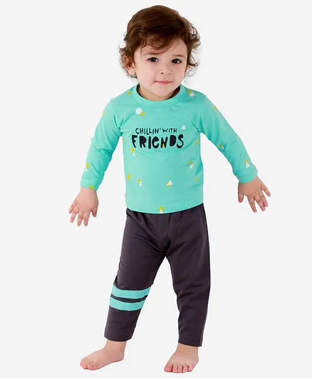 Mumble Jumble Friends Print Full Sleeves Tee With Pajama - Blue