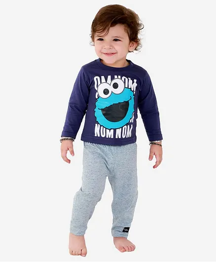 Mumble Jumble Full Sleeves Printed Tee With Pajama - Blue