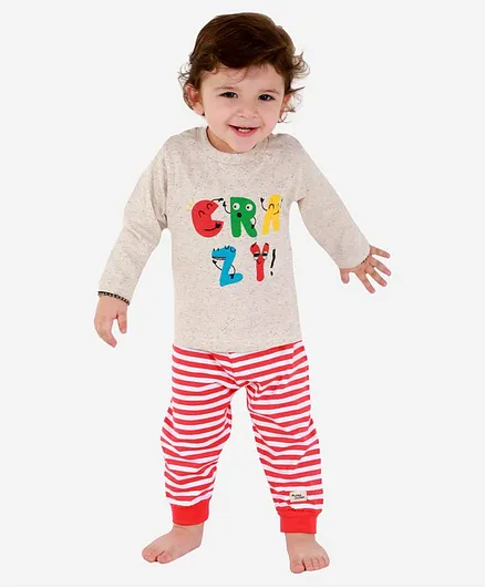 Mumble Jumble Crazy Print Full Sleeves Tee With Stripes Pajama - Red