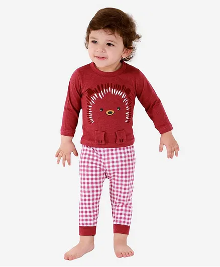 Mumble Jumble Printed Tee With Checked Pajama - Maroon