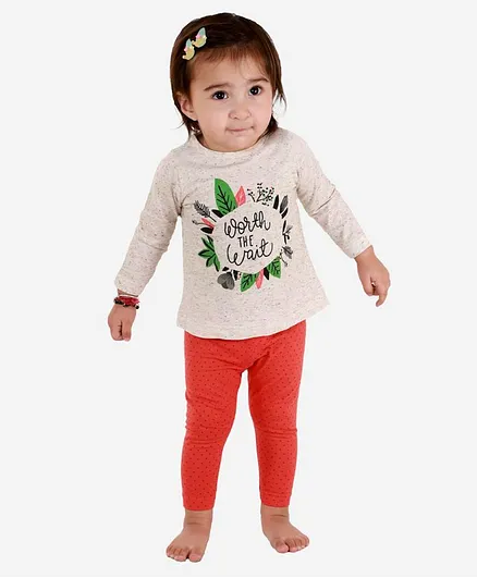 Mumble Jumble Flower Print Full Sleeves Tee With Pajama - Red