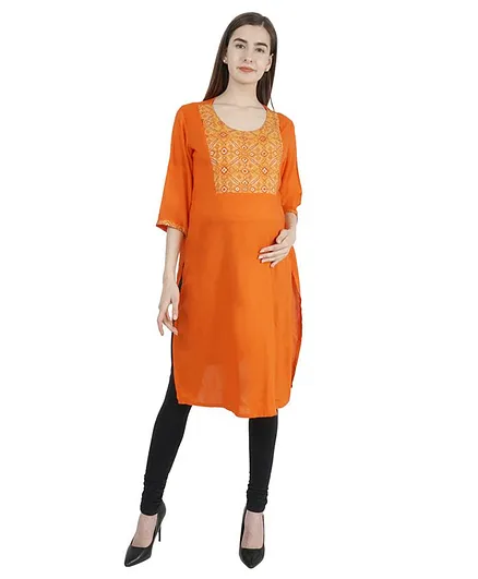 Morph Three Fourth Sleeves Printed Maternity Feeding Kurta - Orange