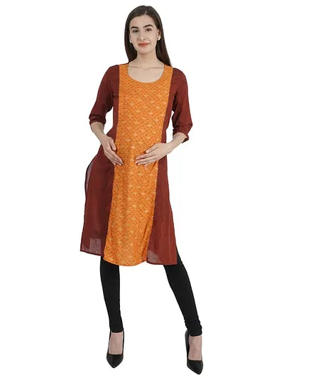 Morph Three Fourth Sleeves Triangles Printed Maternity Feeding Kurta - Brown