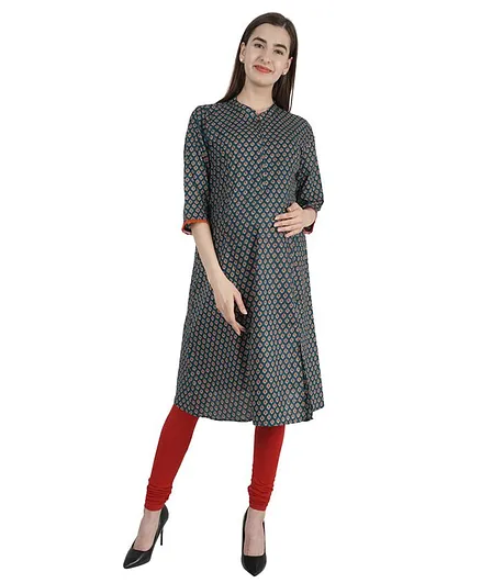 Morph Three Fourth Sleeves All Over Printed Maternity Kurta - Blue