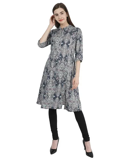 Morph Three Fourth Sleeves All Over Printed Maternity Kurti - Indigo Blue