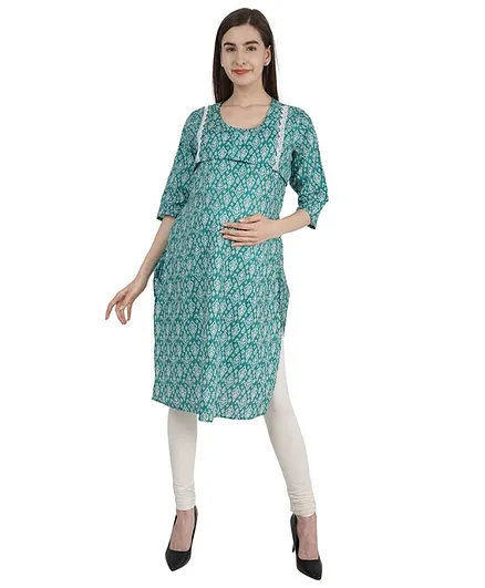 Morph Three Fourth Sleeves All Over Printed Maternity Kurta - Sea Green
