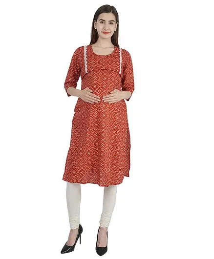 Morph Three Fourth Sleeves All Over Printed Maternity Kurta - Red