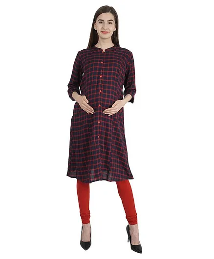 Morph Three Fourth Sleeves Checked Maternity Feeding Kurta - Navy Blue