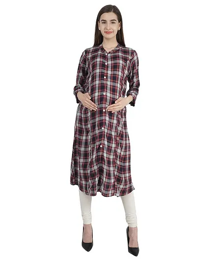 Morph Three Fourth Sleeves Checked Maternity Feeding Kurta - Navy Blue