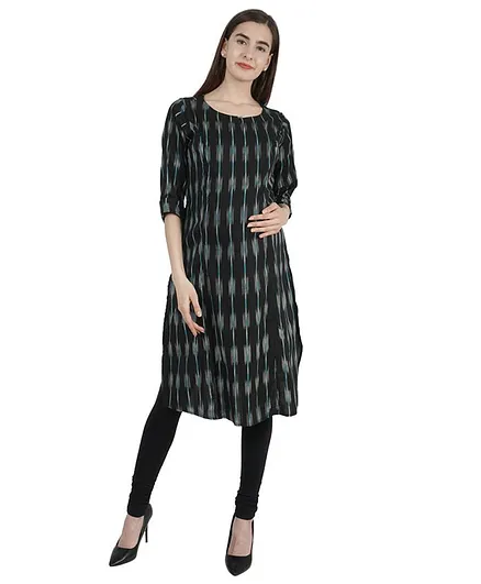 Morph Three Fourth Sleeves Striped Maternity Kurta - Black