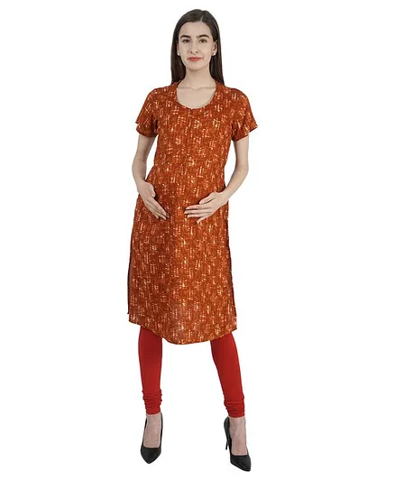 Morph Half Sleeves All Over Printed Maternity Kurta - Orange