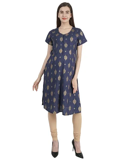 Morph Maternity Half Sleeves All Over Printed Maternity Kurta - Navy Blue