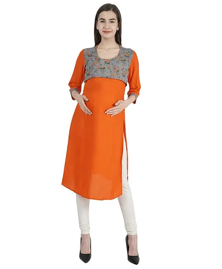 Morph Three Fourth Sleeves Floral Print Maternity Kurta - Orange