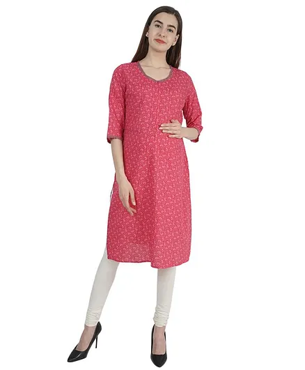 Morph Three Fourth Sleeves All Over Printed Maternity Kurta - Pink