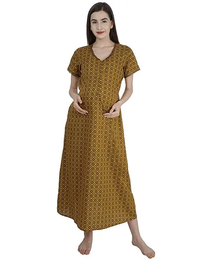 Morph Half Sleeves All Over Printed Maternity Feeding Nighty - Mustard Yellow