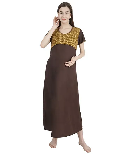 Morph Half Sleeves Printed Maternity Feeding Nighty - Brown